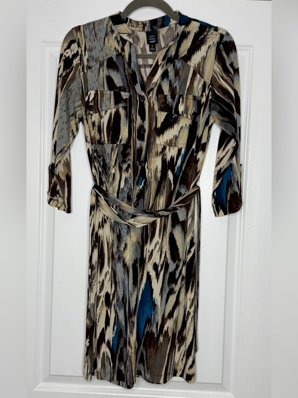 Saint Tropez West Sz 6 Abstract Ikat Style Button Front Dress Tie Waist | GUC - Picture 2 of 11